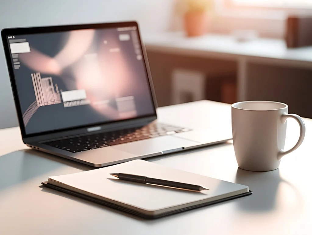 A modern office desk with an open blank notebook, pen, coffee mug, folder, and small desk lamp in warm morning light.