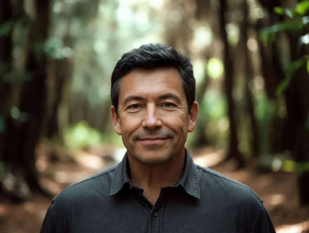 A close-up view of a leather notebook and reading glasses on a wooden desk in a warm, sunlit study.