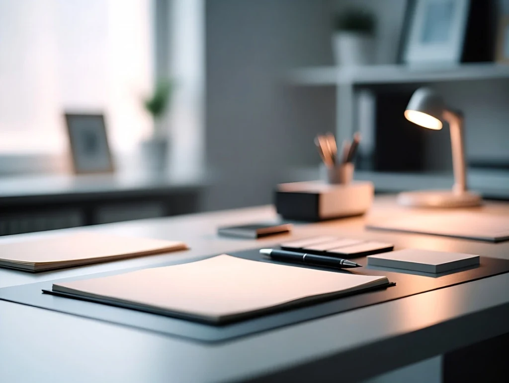  A top-down photo of blank sticky notes and an open notebook arranged on a sunlit wooden desk.