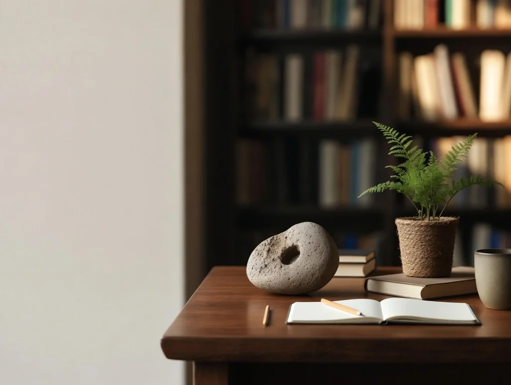 A smooth grey stone sits on a creased map next to a brass compass and a leather notebook.
