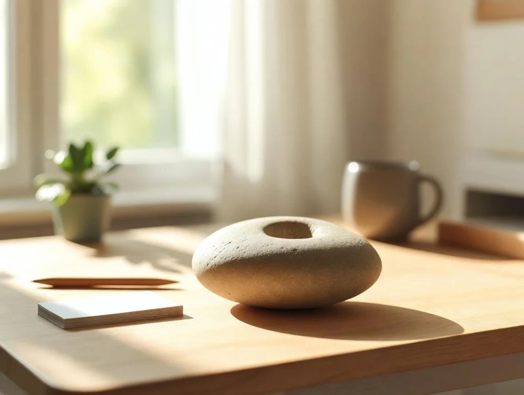 A smooth grey stone resting on blank white index cards, with a pencil and closed notebook on a wooden desk.