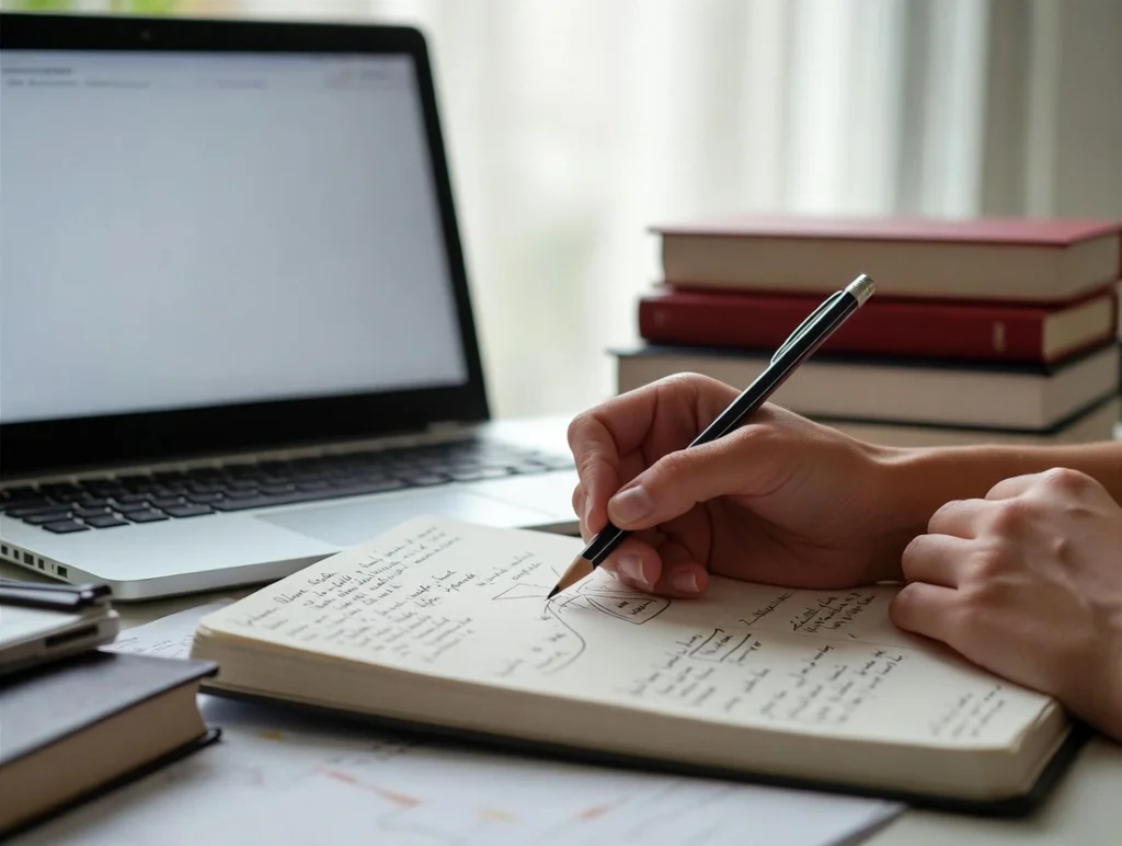A smooth black stone sits on an open notebook next to a cup and a small stack of notecards on a wooden desk in a softly lit room.