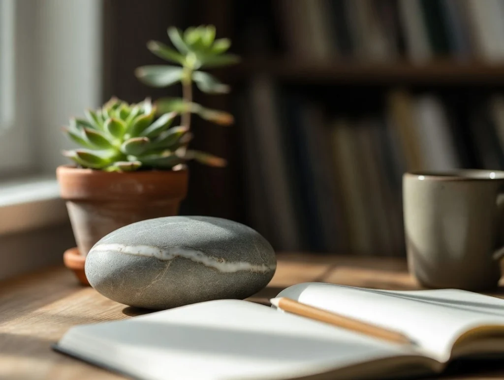 A smooth river stone with a natural quartz vein, small succulent plant, open blank notebook with pencil, and ceramic mug arranged on a sunlit wooden desk.