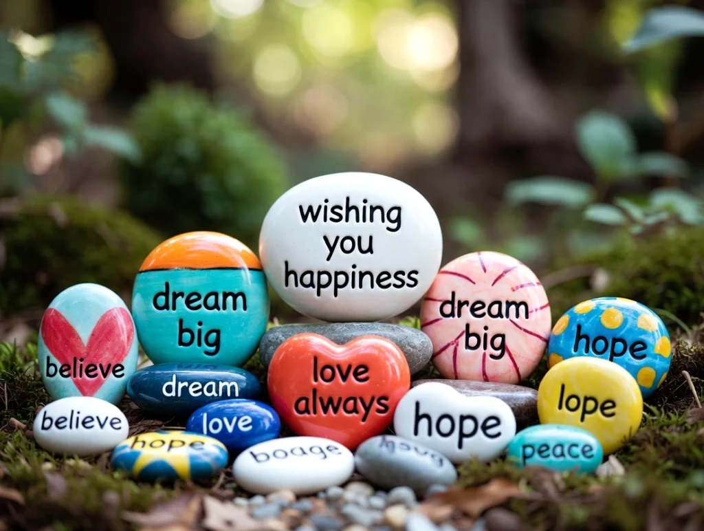 A smooth, dark oval stone sits on a sunlit wooden desk next to a small potted succulent, with a soft shadow stretching behind it.