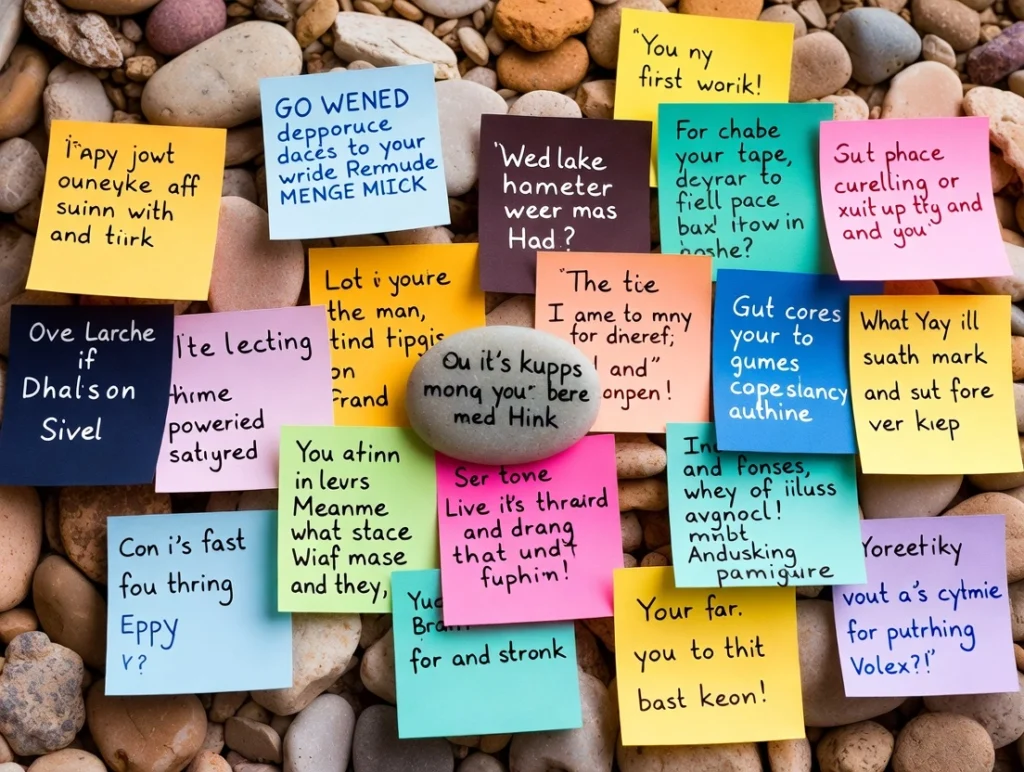 A smooth grey stone sits on an open notebook with a pencil and a blank note card on a wooden surface in soft window light.