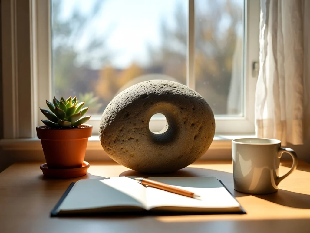 A smooth grey stone and a silver key rest on a blank notebook next to a small succulent, lit by warm morning sunlight on a wooden desk.