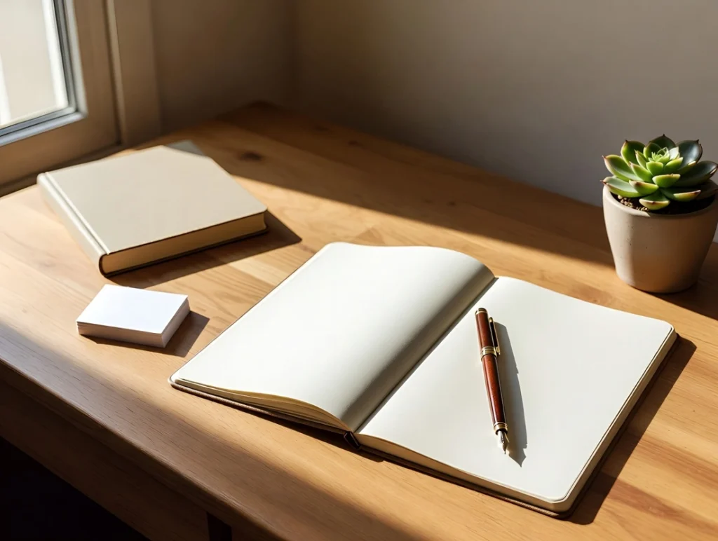A close-up of a small stack of blank white note cards on a wooden library table, illuminated by a warm desk lamp with soft light reflecting off the paper and a blurred background of book spines.