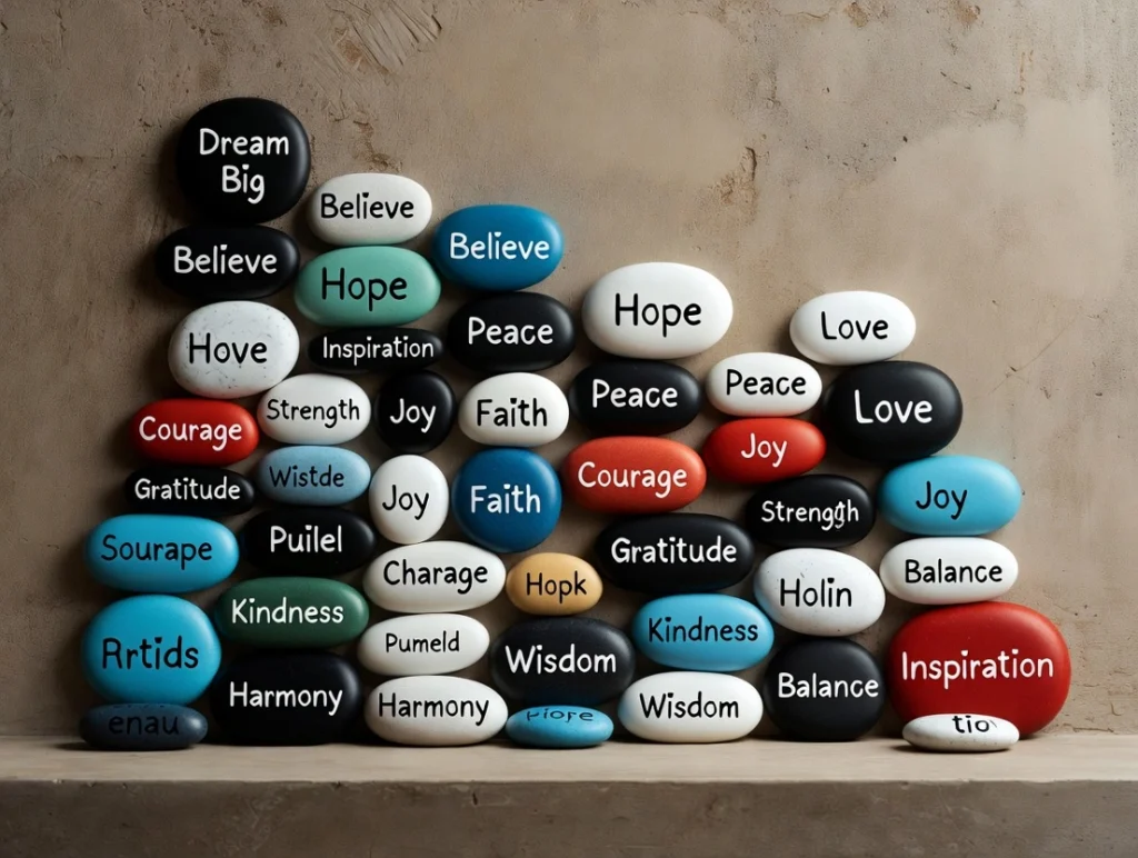 A smooth grey wishing stone rests on a wooden table beside blank note cards and a small green plant, lit by morning sun.
