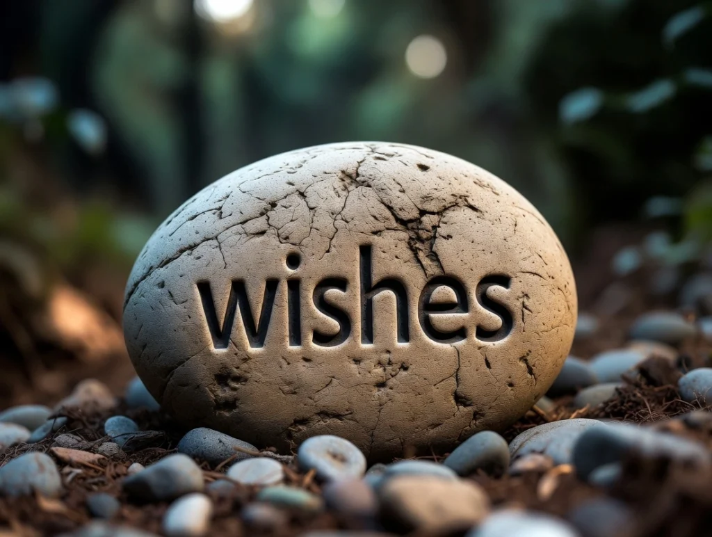 A smooth dark wishing stone rests on handwritten letters beside a dried rose on a wooden table under soft evening lights.