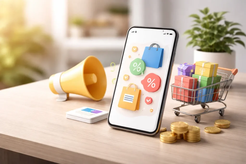 A smartphone displaying abstract shapes sits on a wooden desk next to a notebook, pen, and steaming mug in soft evening light.