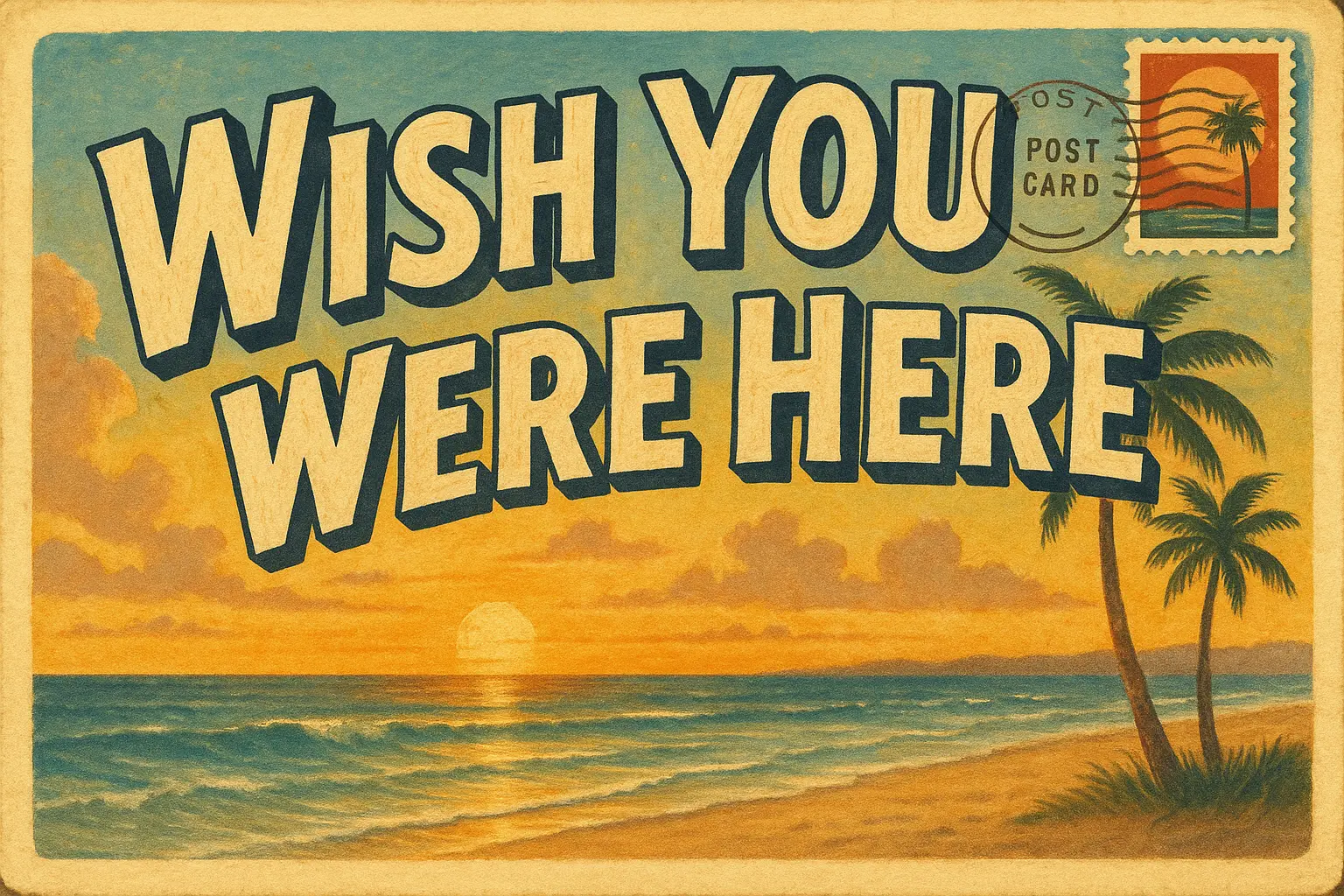 Rack of vintage travel postcards with “Wish You Were Here” designs in a sunny street shop