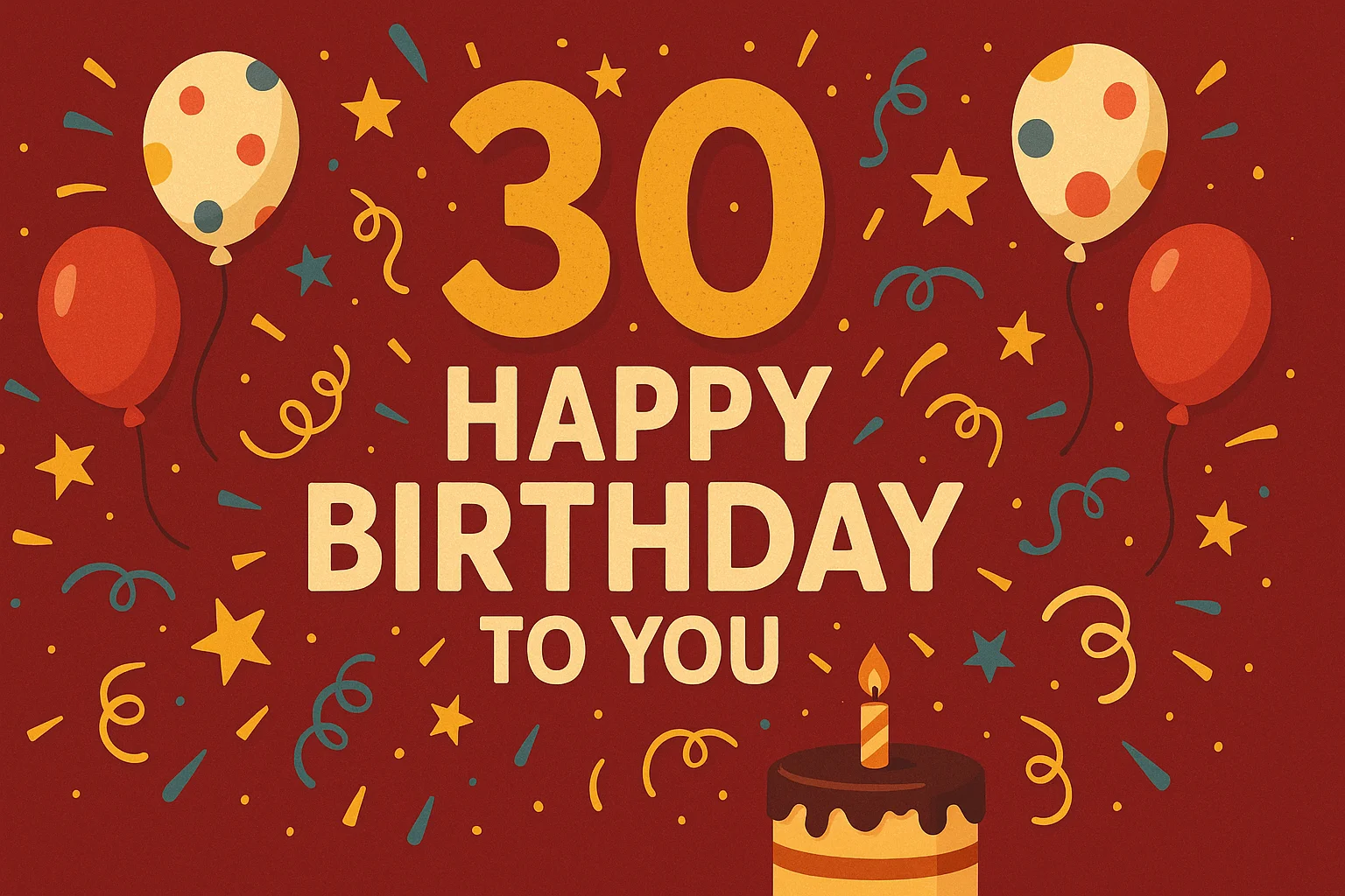 A “30” cake topper with confetti and warm lights behind it.