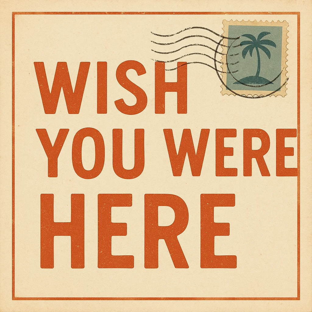 Scenic sunset view with a "Wish You Were Here" postcard on a table.