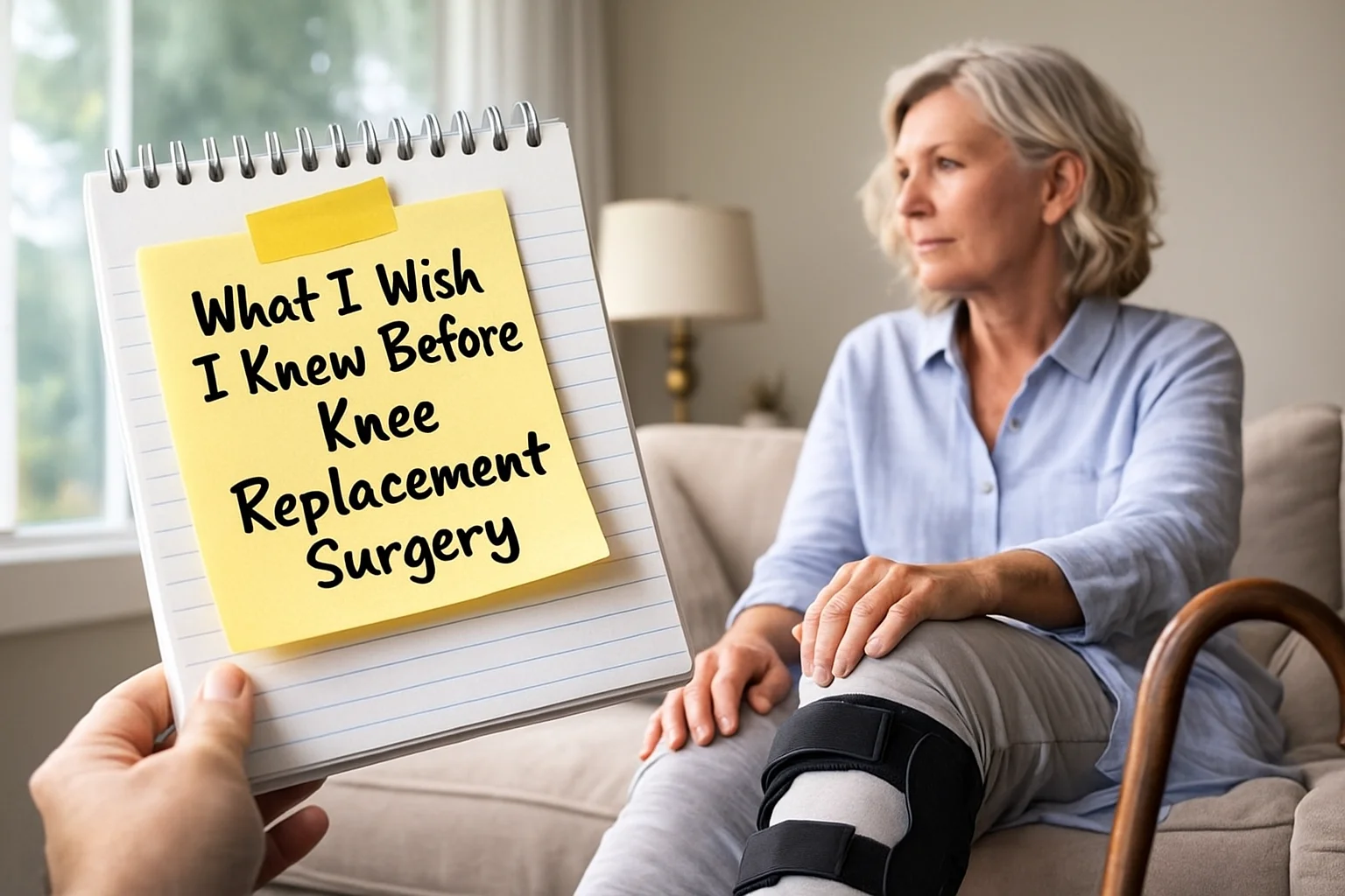 “Person recovering from knee replacement at home with a walker and a supportive friend reviewing surgery questions.”