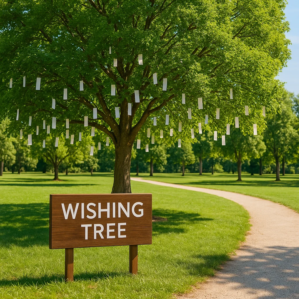 Community park with sports fields, walking path, and a tree decorated with colorful wish tags.