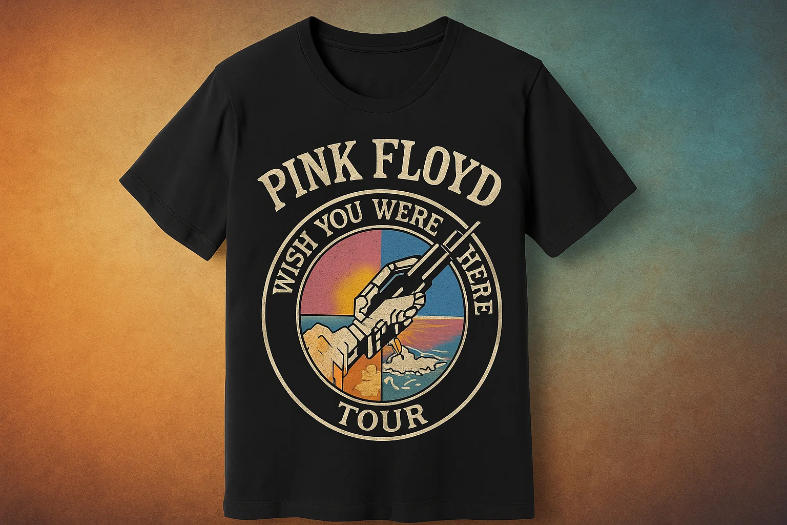 Two Wish You Were Here tour shirts with tickets and wristbands on a bedroom floor in warm evening light.