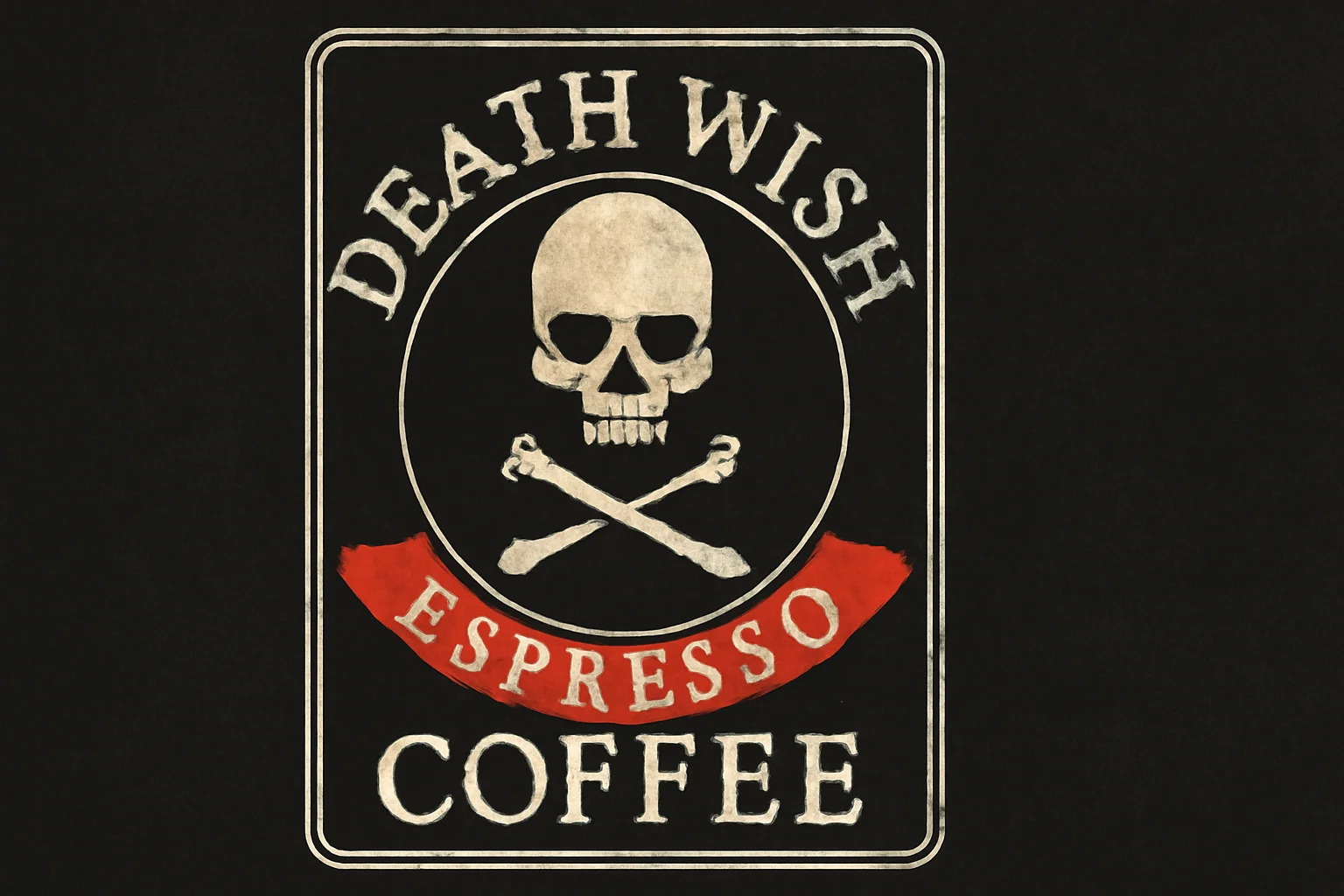 Steaming Death Wish Coffee espresso shot beside the brand’s bag and a handwritten wish tag on a wooden table.