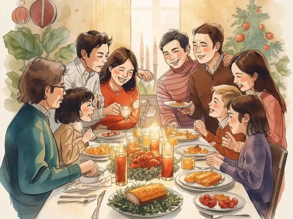 A decorated pine sprig and a closed journal on a wooden desk in a softly lit study.