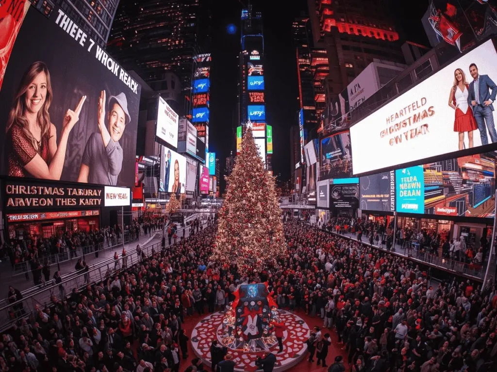 A top-down view of a wooden desk featuring an open notebook with a pen, a small evergreen sprig, and a gold ornament.