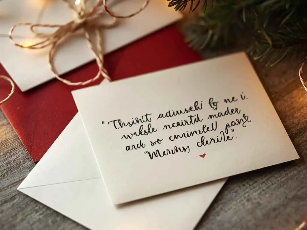 A close-up top-down photo of a blank holiday card, a silver pen, a small evergreen sprig, and a stack of blank cards on a wooden desk.