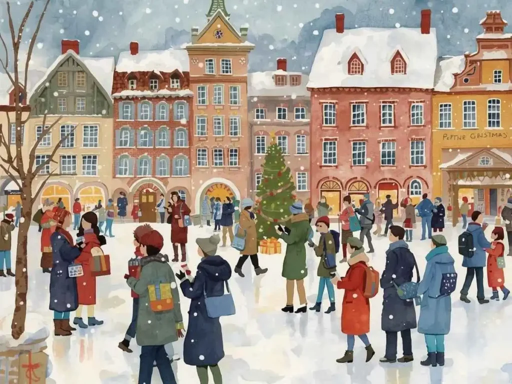 A wooden library table in warm morning light holds an open notebook, a closed book, a white mug, and a small poinsettia plant.