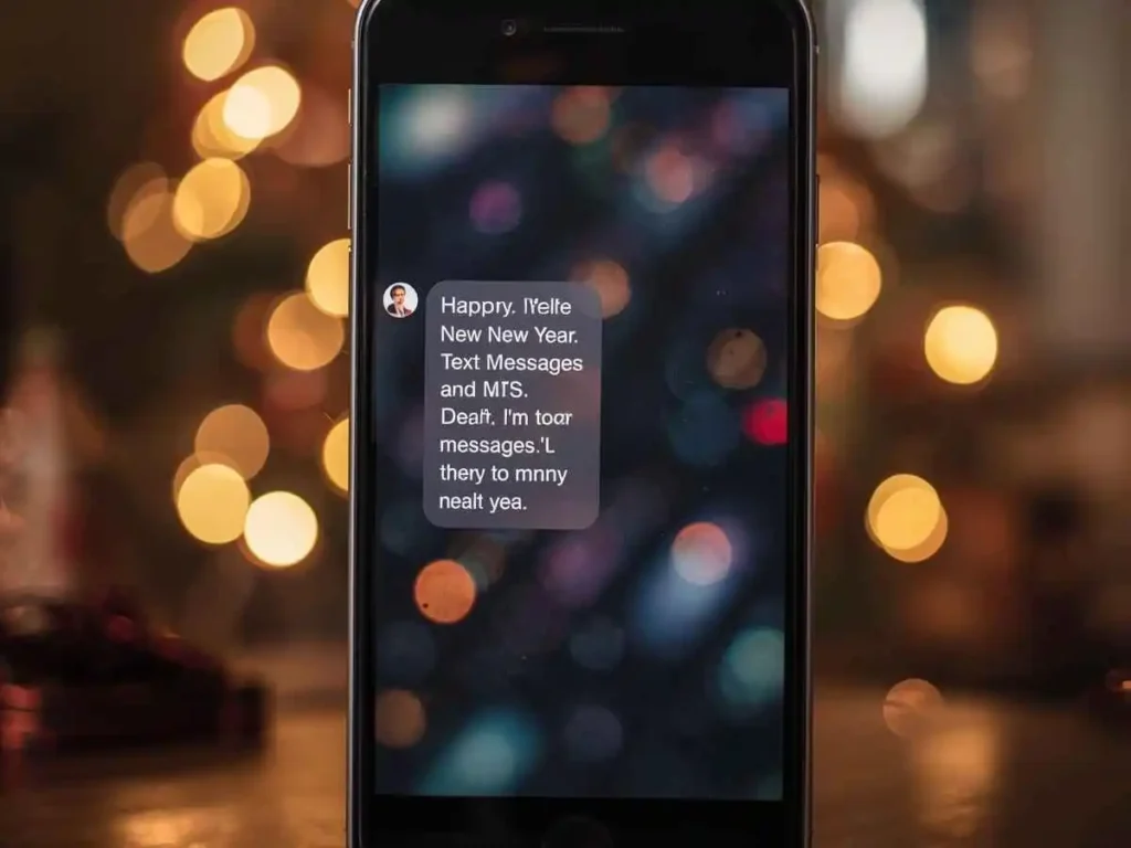 A notebook and a phone with a softly lit, blurry screen sit on a wooden desk in a cozy evening setting.