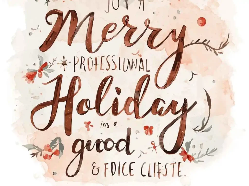  A warm morning scene on a wooden desk featuring a blank holiday card, a fountain pen, and a sprig of pine next to a stack of stationery.