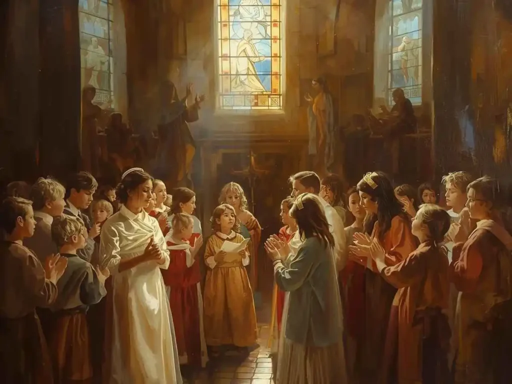 A rosary and a wooden cross placed on a white lace handkerchief beside a burning candle and an open journal.