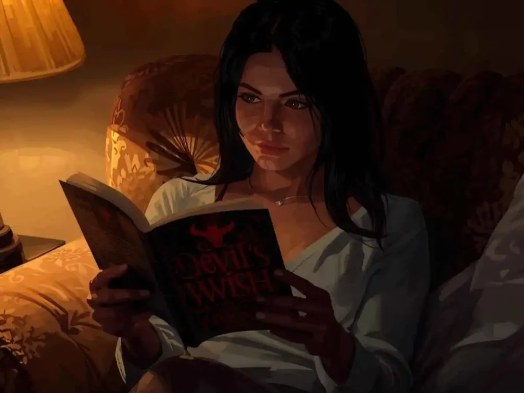 A hardcover book lies open on a wooden library table in morning light, with a pen and a sticky note nearby.