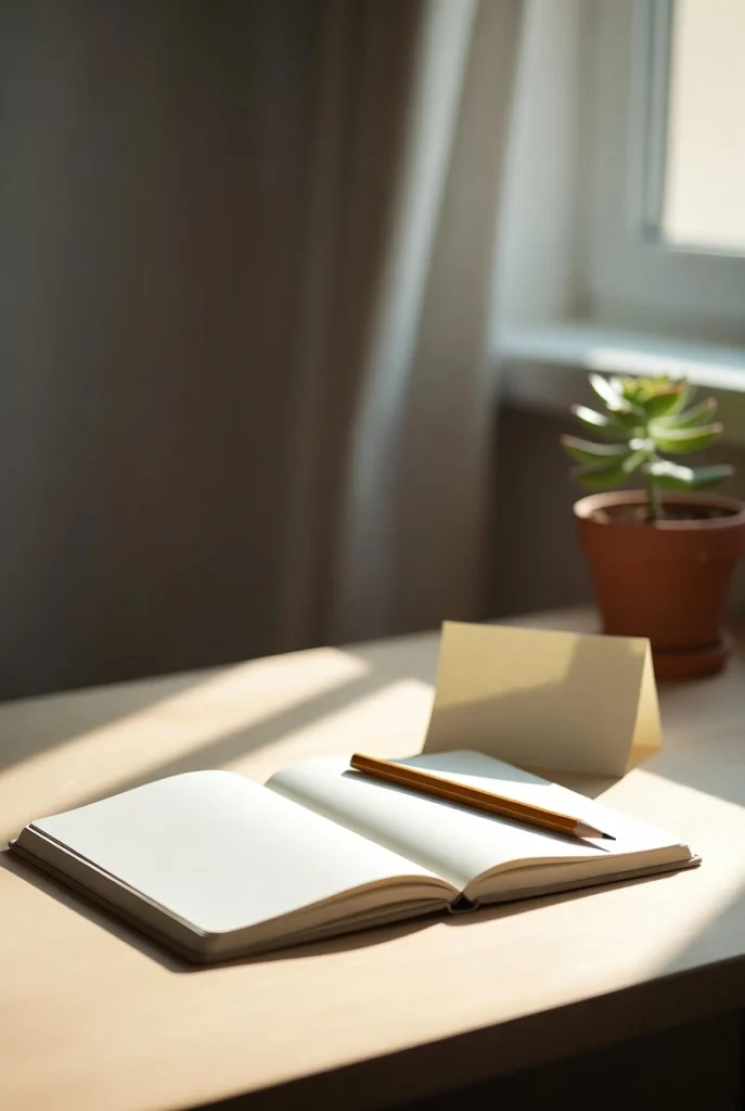 A neatly arranged wooden desk features an open blank notebook with a pencil, a highlighted index card, and a small plant bathed in gentle morning light.
