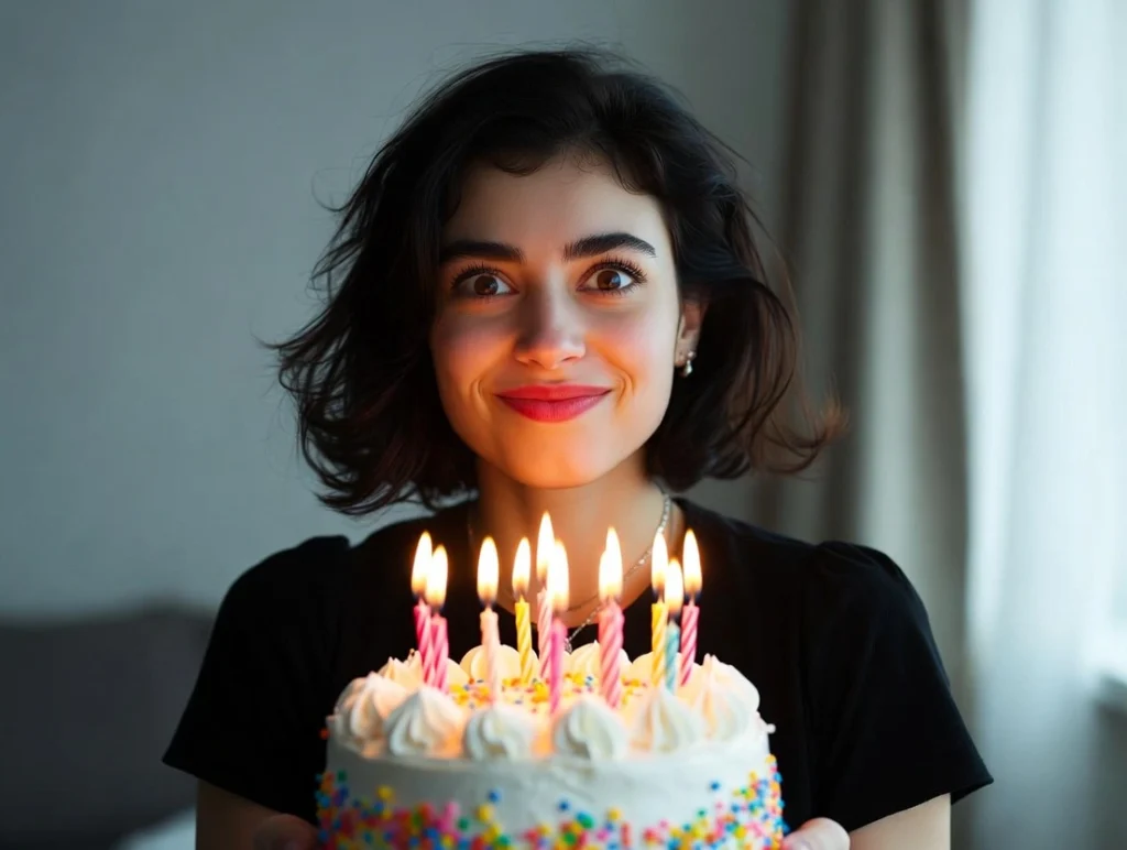 A top-down photograph of a wooden desk with an open notebook, a pen, and two sticky notes folded into small hats beside a piece of confetti.