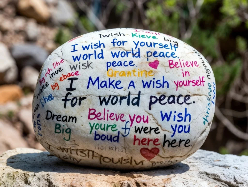 A smooth gray stone sits on an open notebook beside blank notecards and a pencil on a sunlit wooden desk.