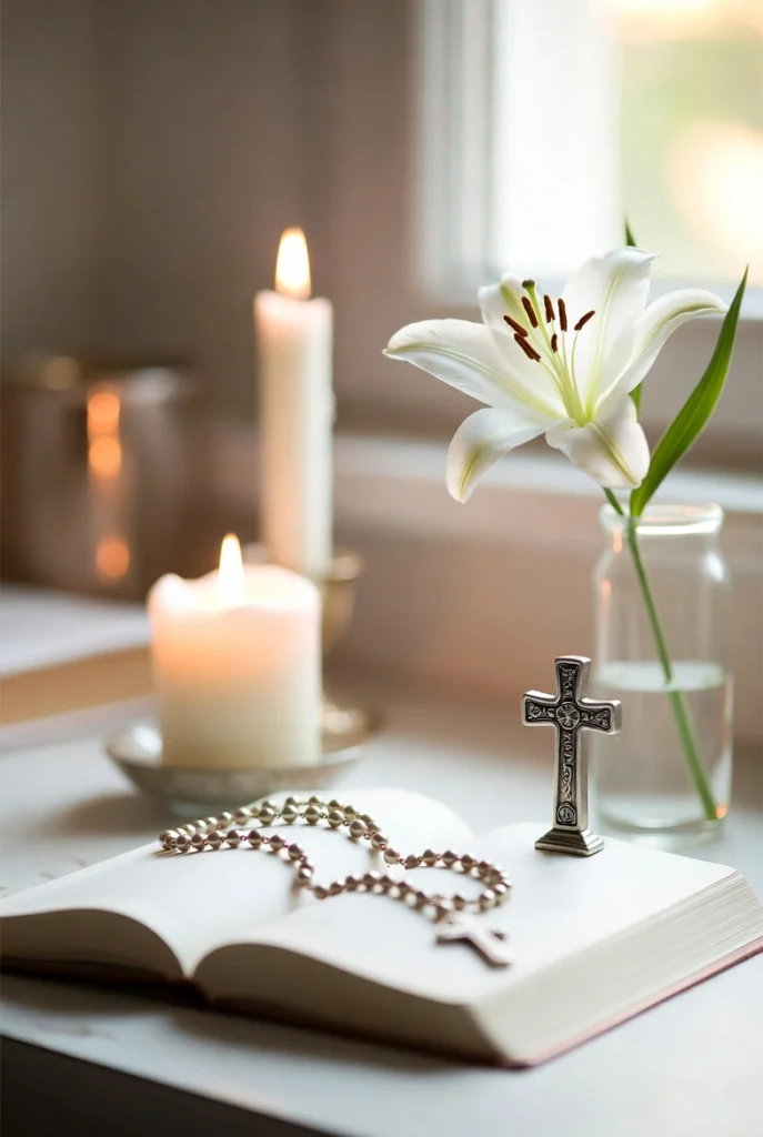 A peaceful home study desk displays a lit white candle, rosary beads, small cross, and white lily arranged reverently.