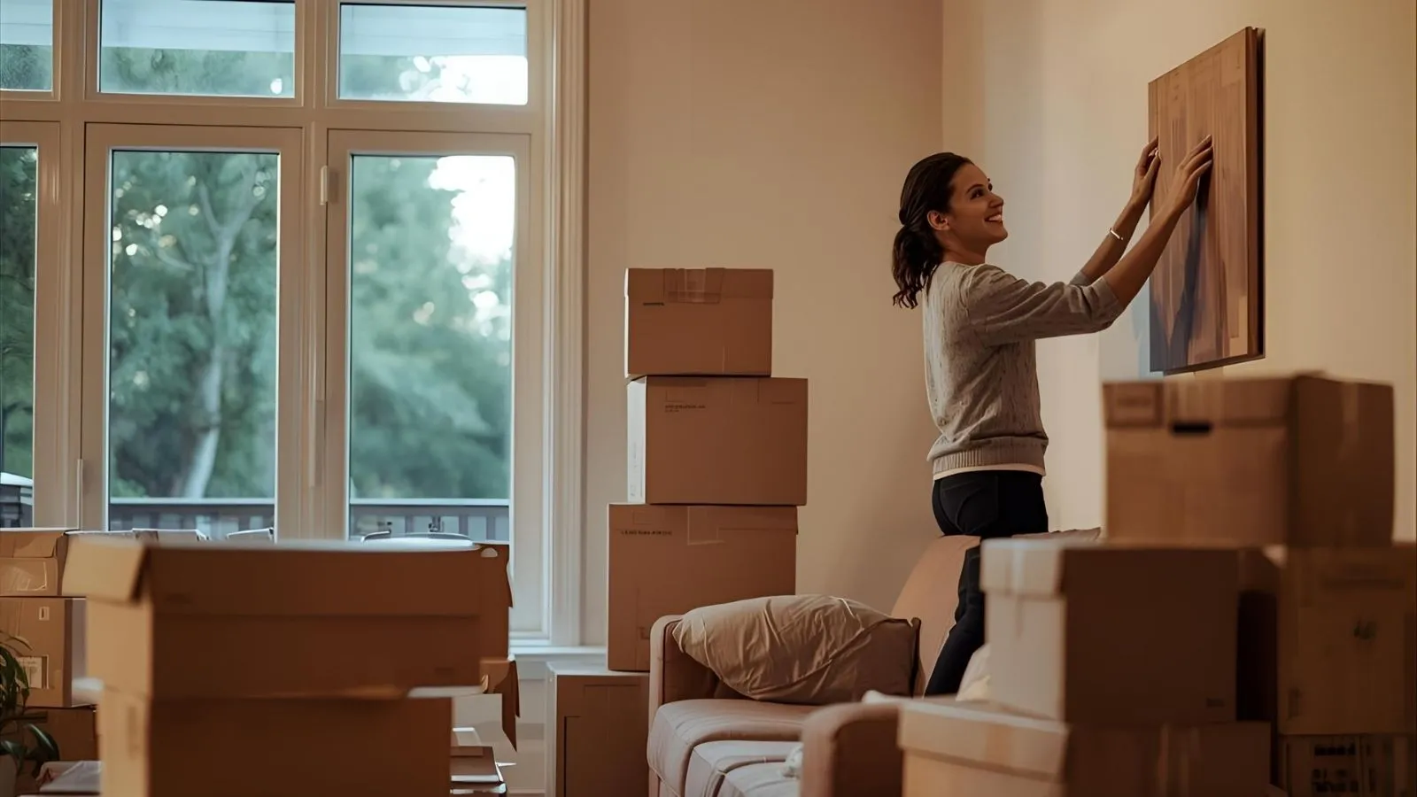 Smiling couple arranging decor in a cozy new living room with moving boxes.