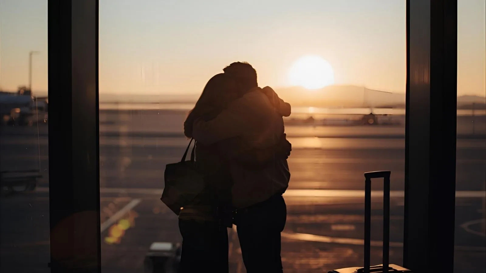 Parent and child embracing at an airport window with soft sunrise light and the words “I wish you enough” written on a small tag.