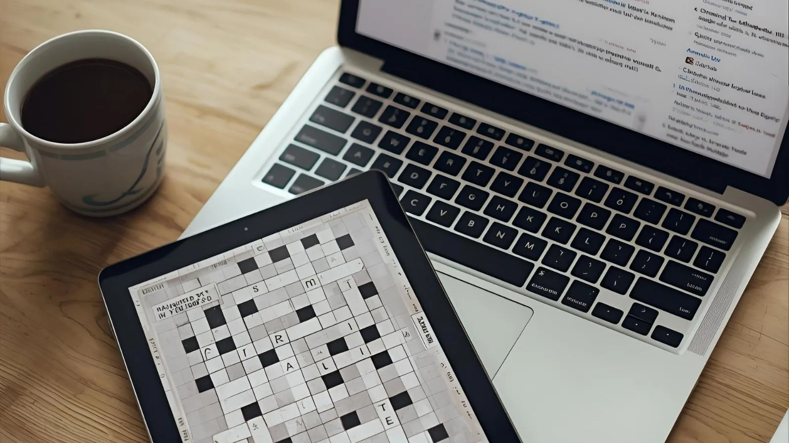 : Person solving an online mini crossword while glancing at a busy email inbox with long chains.
