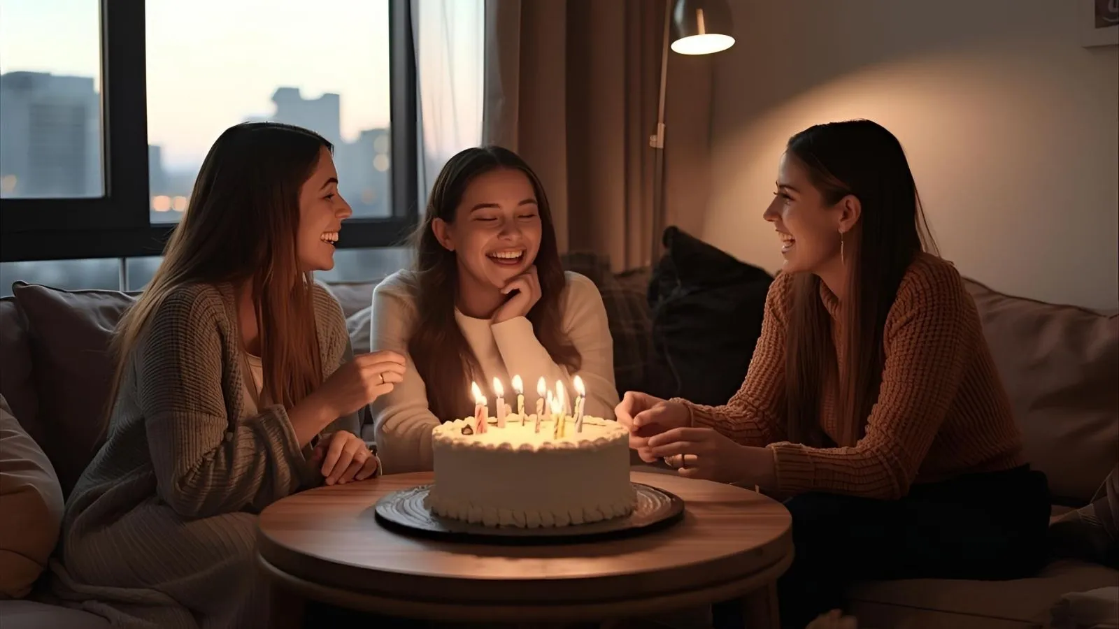 Three adult sisters celebrating a birthday together in a cozy modern living room.