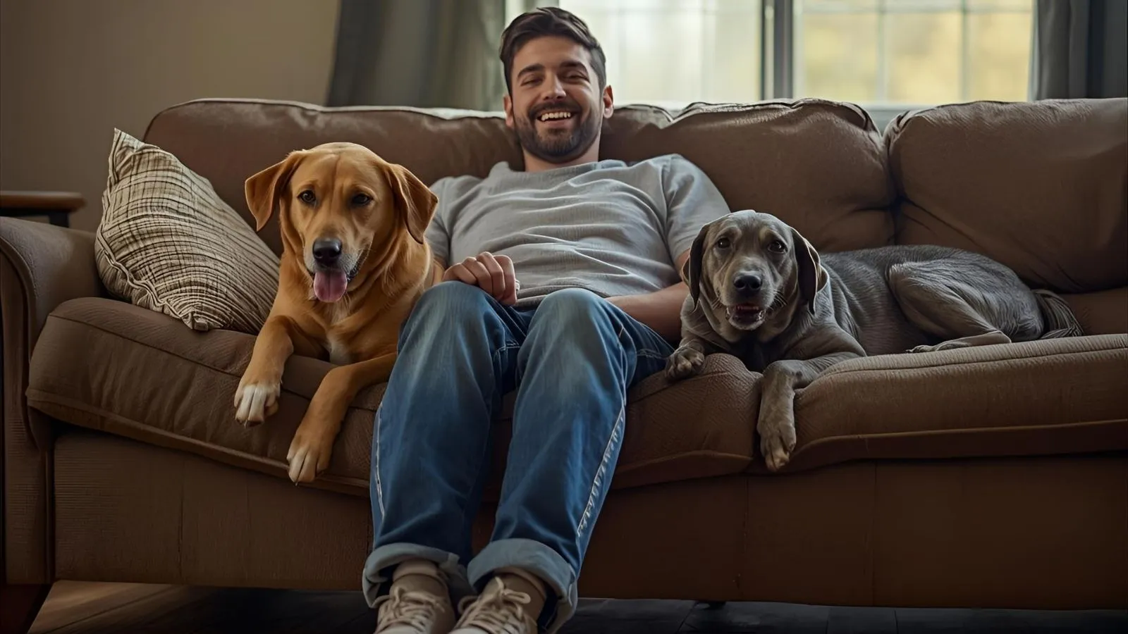Owner relaxing on a couch with two pet dogs and toys scattered around the living room.