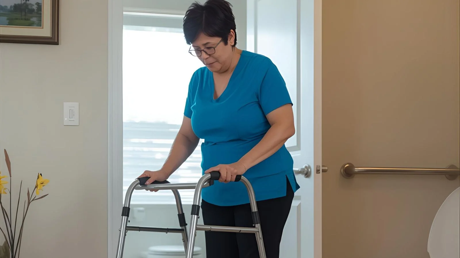 Person after hip replacement using a walker in a fall-proofed home.