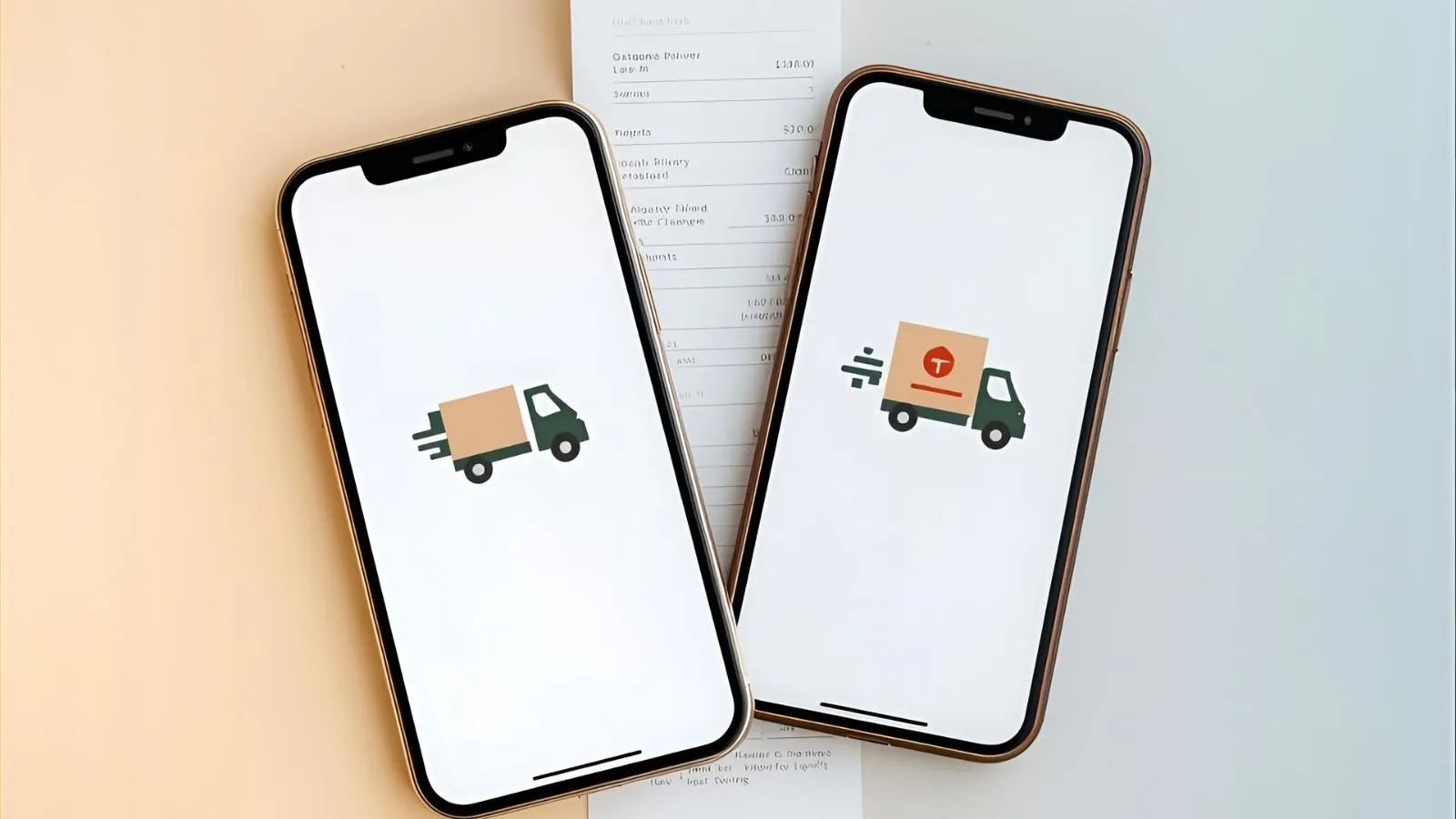 Two smartphones with shopping app screens and delivery icons on a clean desk.