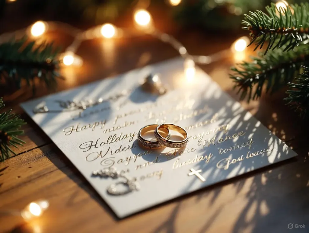 An elegant Christmas greeting card with silver and golden elements displays Silver And Golden Christian Wedding Anniversary Wishes alongside happy christmas and new year wishes.