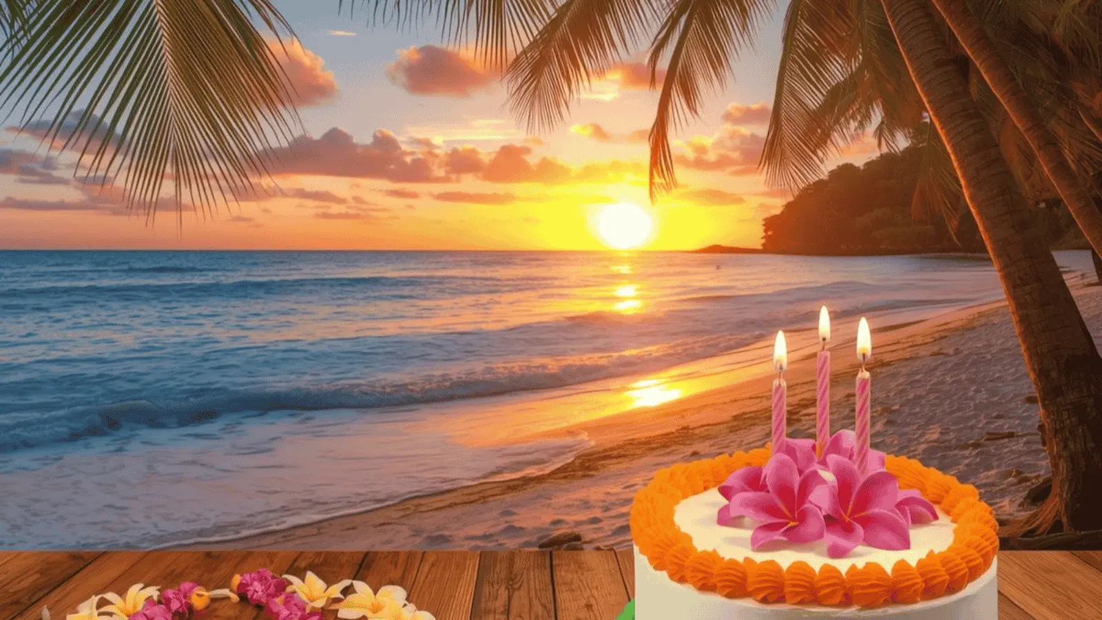 Tropical Hawaiian beach sunset with leis and birthday elements for aloha wishes