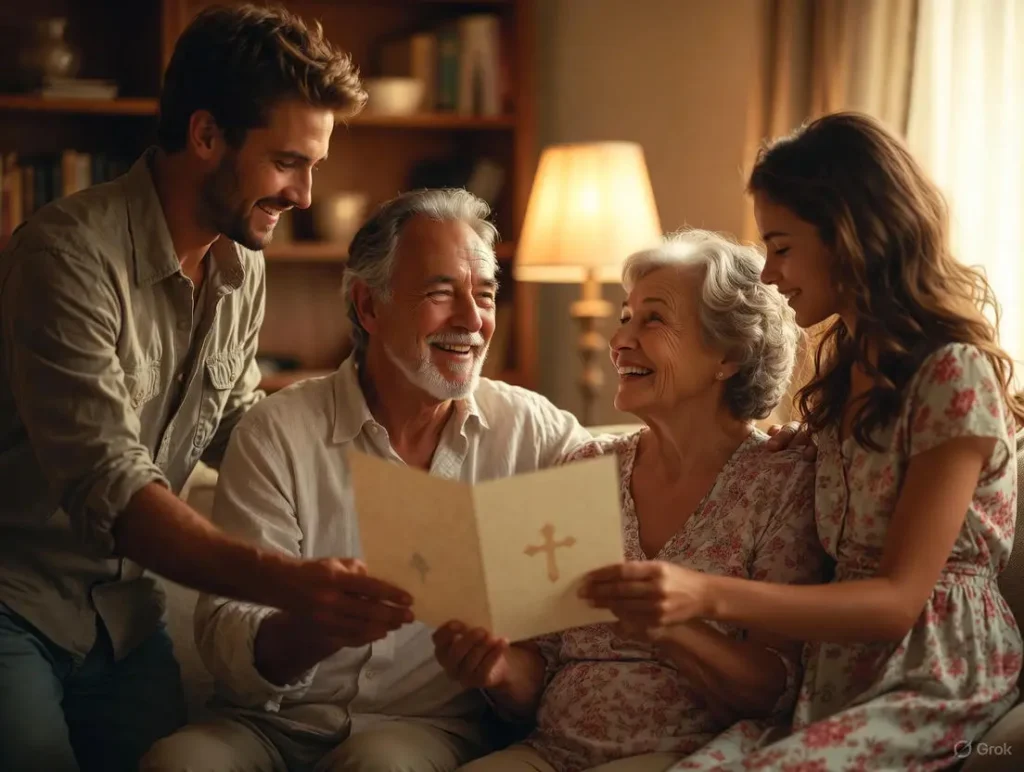 An elderly couple receives a heartfelt card from their adult children in a warmly lit living room, capturing Christian wedding anniversary wishes from children during a joyful family moment.