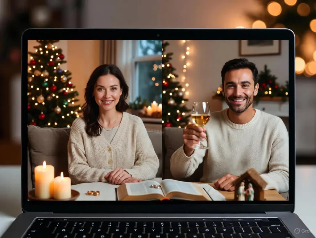 A long-distance Christian couple celebrates their wedding anniversary via video call in festive Christmas settings, surrounded by holiday decorations, candles, and an open Bible, sharing happy Christmas and new year wishes.