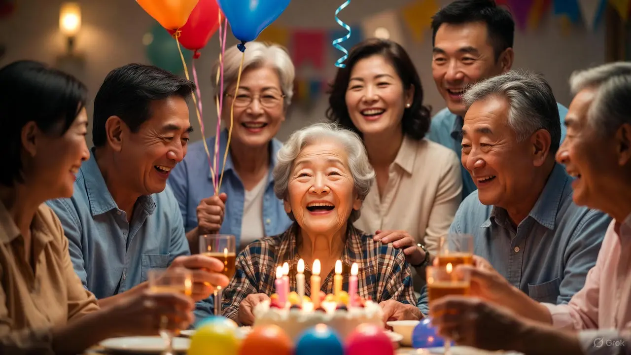 Elderly person celebrating 85th birthday with loving family, cake, and warm smiles.