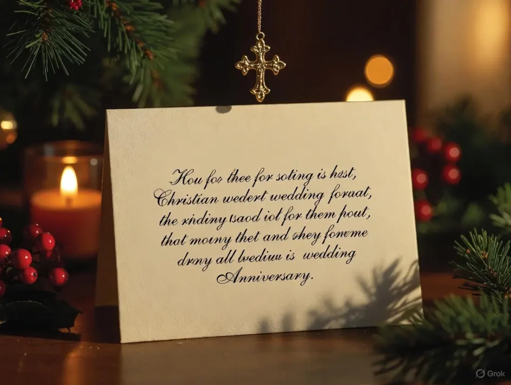 An open cream-colored greeting card on a wooden table displays formal Christian wedding anniversary wishes alongside subtle Christmas decorations with a glowing candle and gold cross for happy Christmas and new year wishes.