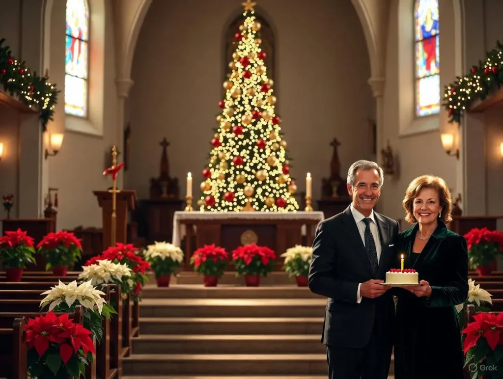 A joyful pastor and his wife celebrate their wedding anniversary in a warmly lit church decorated for Christmas with a glowing tree and festive lights, surrounded by happy Christmas and new year wishes and Christian wedding anniversary wishes for pastor or church leaders.