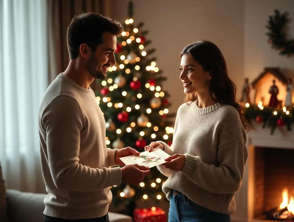 A joyful Christian couple celebrates their wedding anniversary as the husband and wife hold hands over an open Bible surrounded by roses, wedding rings, and candlelight in a warm home setting with a cross on the wall, perfectly suiting Christian wedding anniversary wishes for wife.