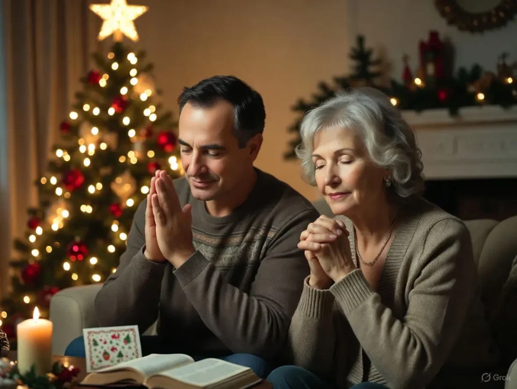 A serene couple holds hands in prayer beside a glowing Christmas tree and open Bible, celebrating happy christmas and new year wishes with Christian wedding anniversary prayers and blessings.