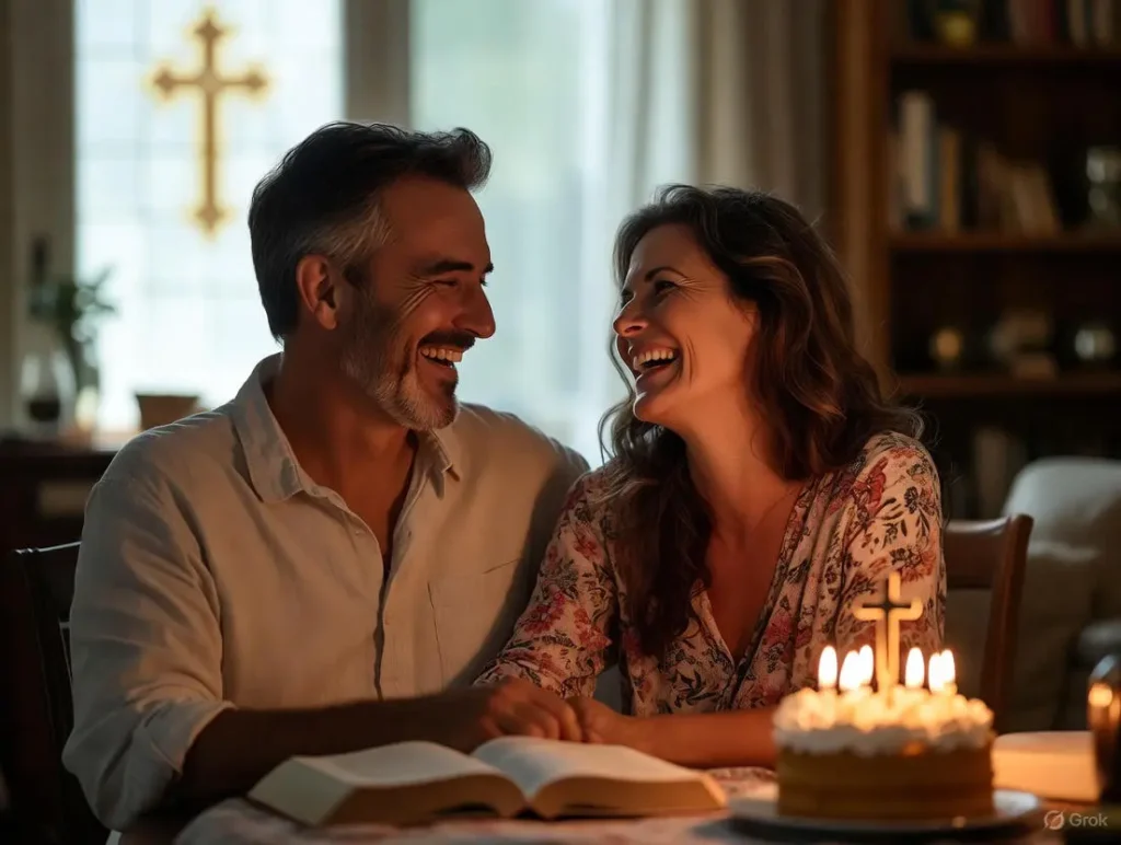 An open greeting card on a wooden table shows funny Christian wedding anniversary wishes (clean) with a humorous couple illustration, hearts, a cross, and elements of happy Christmas and New Year wishes.